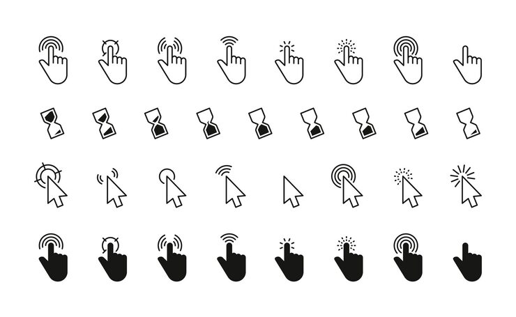 Vector black cursor icons interface mouse click pointers flat style simple finger pointers computer arrow silhouettes swipe touch web buttons vector isolated set