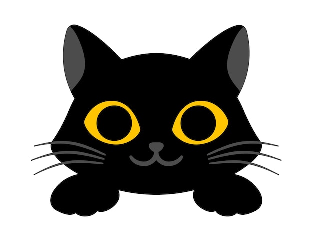 Vector black cute cat is smiling on white background lovely cat with big yellow eyes concept of cute