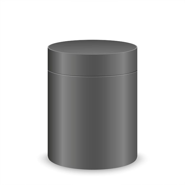 Vettore scatola cilindrica nera confezione in latta di plastica o cartone mockup per la progettazione del prodotto