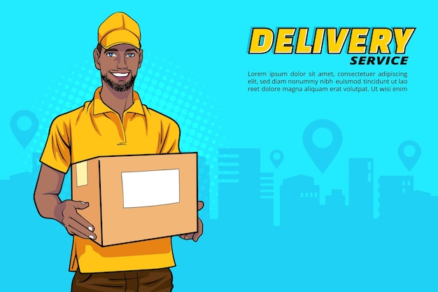 Vector black delivery man employee holding big cardboard box in retro vintage pop art comic style