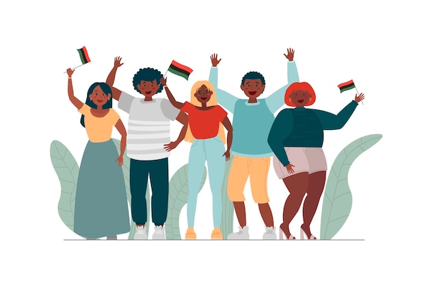 Diverse persone nere celebrano la parata del giorno dell'indipendenza nazionale di juneteenth con le bandiere