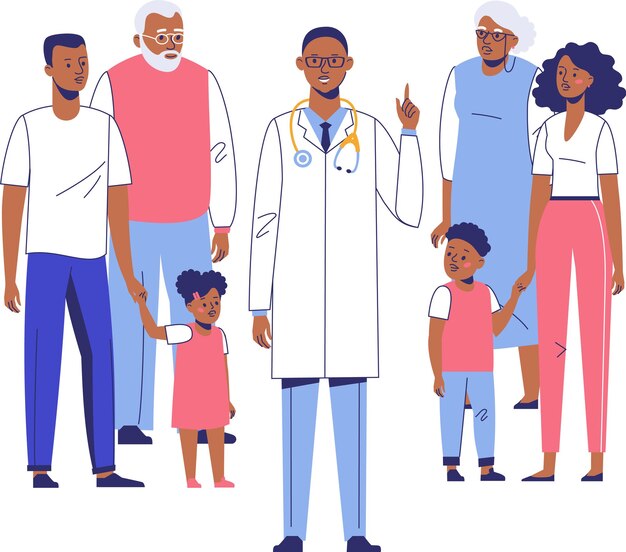 Black Doctor Man with Arican American Family Patients Mother, Father, Children, Grandparents