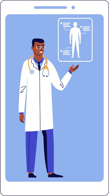 Vector black doctor on screen in online medical consultation