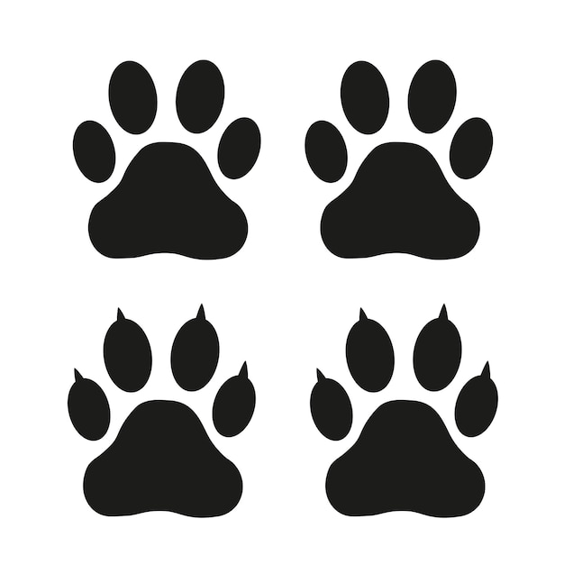 Black dog and cat paw prints on a white background