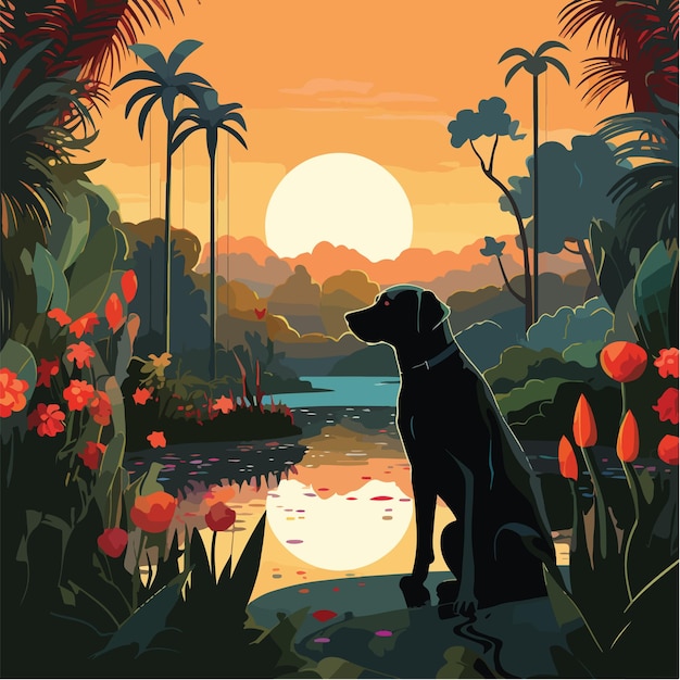 Black dog in tropical rainforest during sunset