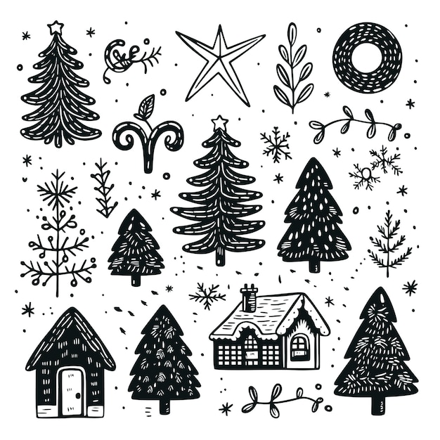 Vector black doodle christmas symbols clip art on white background