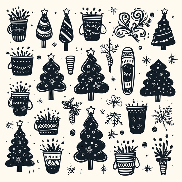 Vector black doodle christmas symbols clip art on white background