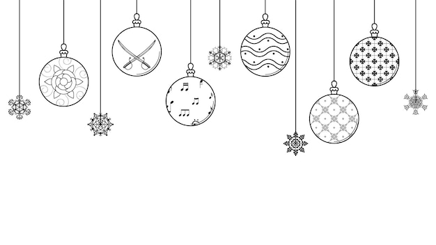 Black Doodle Outline Simple Line Abstract Maerry Christmas Xmas Balls With Snowflakes Holiday Decora