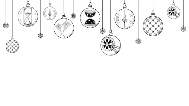 Vector black doodle outline simple line abstract maerry christmas xmas balls with snowflakes holiday