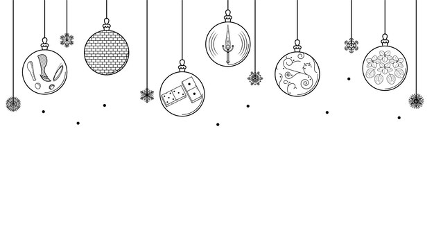 Вектор Черные каракули. простая линия. абстрактные рождественские рождественские шары со снежинками.