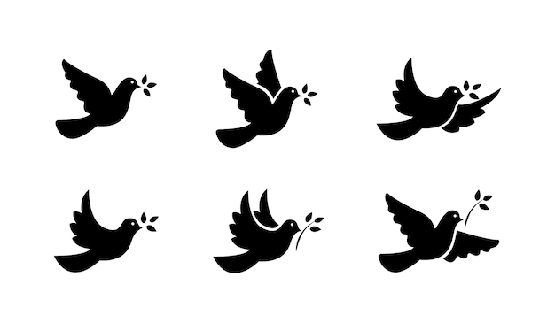 Vector black dove icon set. peace symbol collection. flying pigeon with branch icon set. vector graphic eps 10