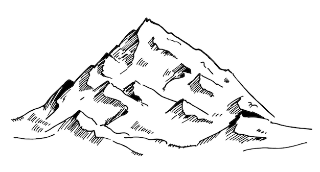 흰색 배경 스케치에 검은색 그려진된 산 간단한 현대 산 로고 디자인 벡터