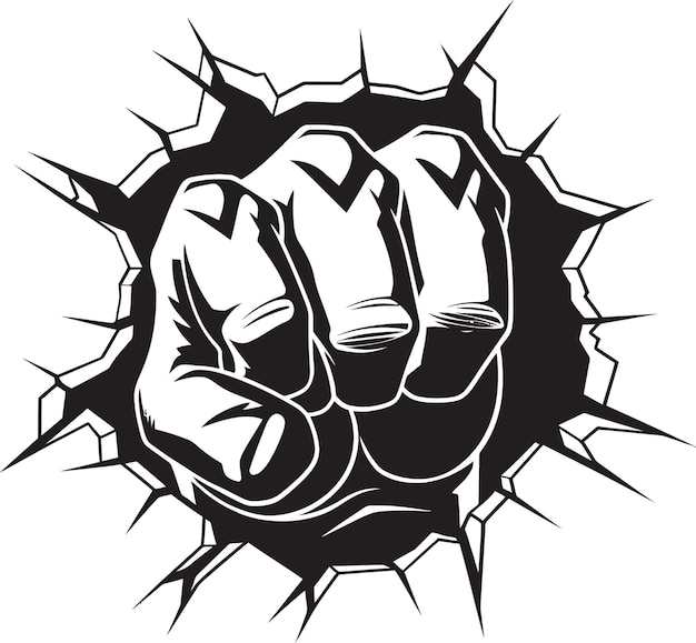 Vettore black and dynamic fist breaking wall vector mighty impact cartoon fist and wall logo
