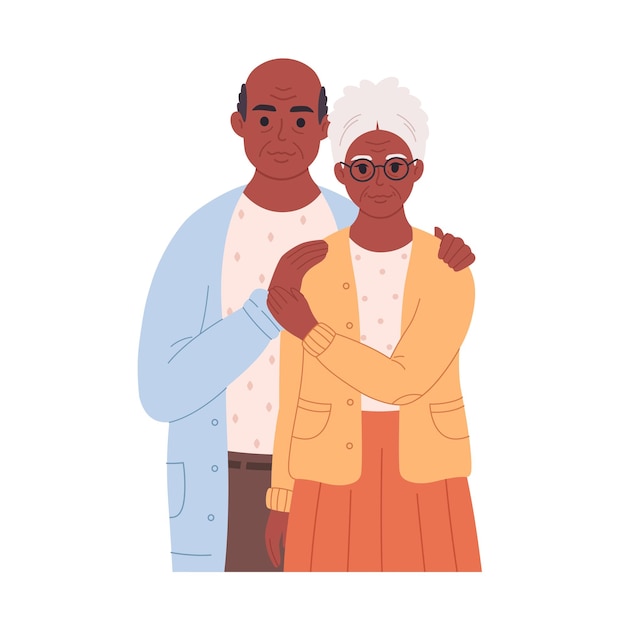 Vector black elderly love couple hugging. smiling grandpa and granny. retired man and woman.