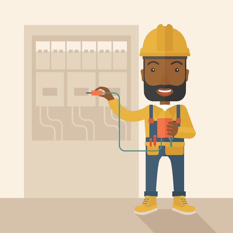 Vector black electrician repairing an electrical panel