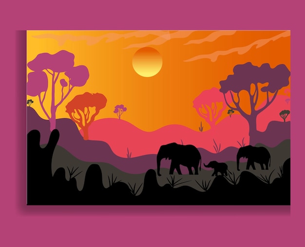 Black elephant walking at the with mountain and sunset background Evening light vector Illustration