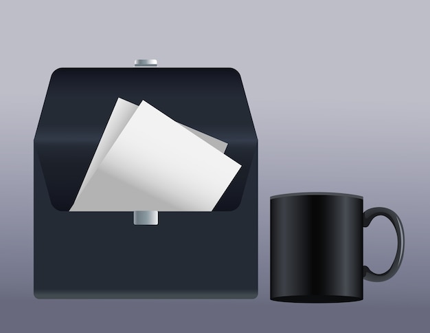 Black envelope mail and mug mockup icons vector illustration design