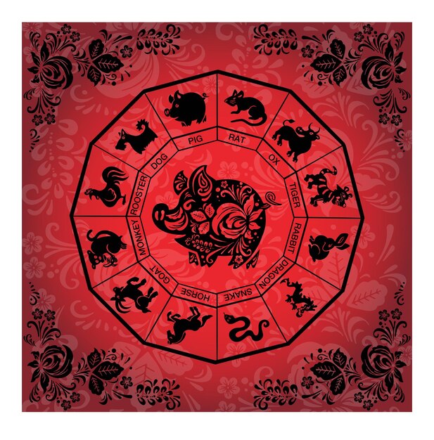 Black ethnic boho pig boar on red banner background