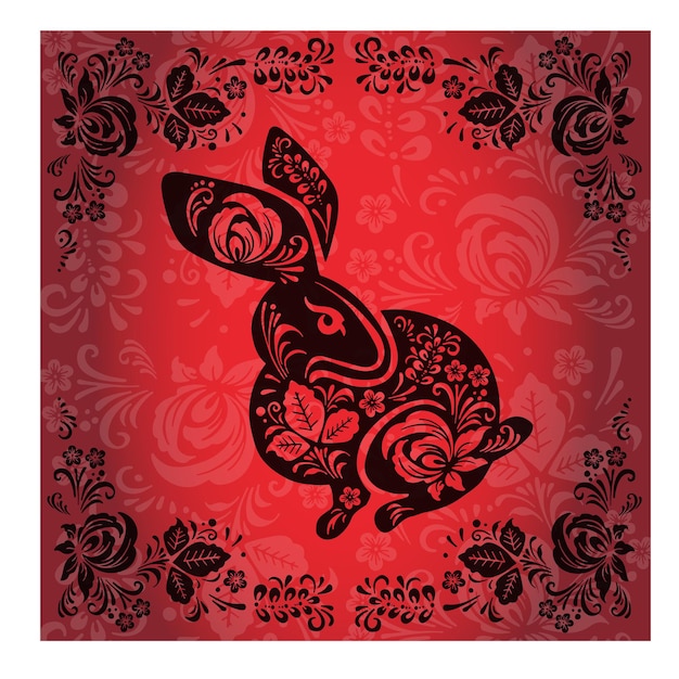 Black ethnic boho rabbit on red banner background