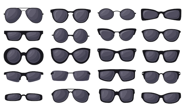 Vector black eyewear sunglasses silhouette polarized glasses sun uv eye protection aviation vintage model with cool shades lens ocular health dark spectacles neat vector illustration