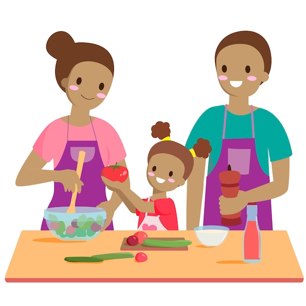 Vector black family with child cooking in kitchen mother father and daughter cook family cooking