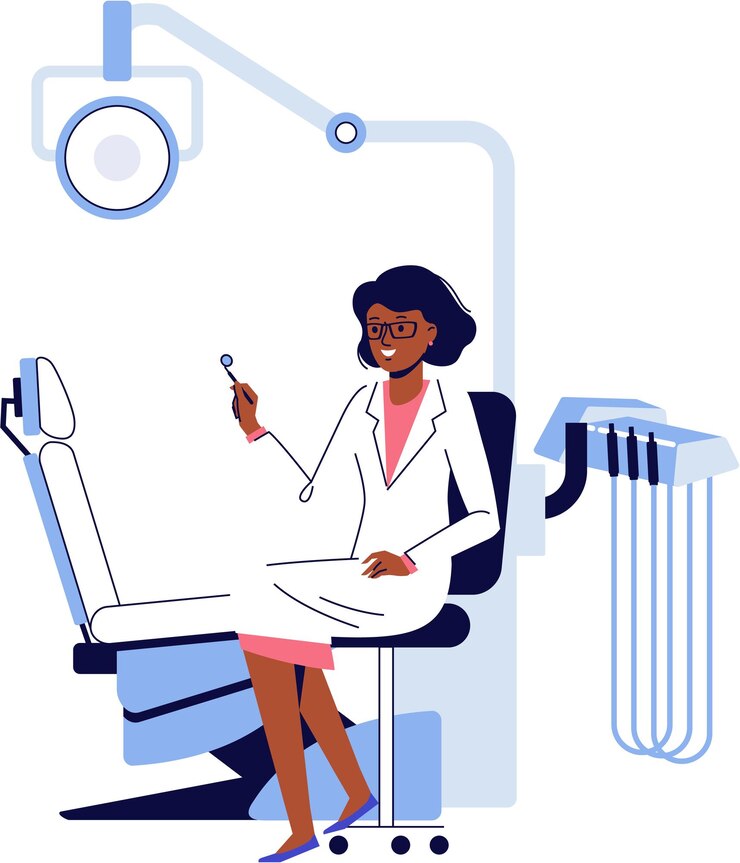 Vector black female doctor dentist sitting in dental office