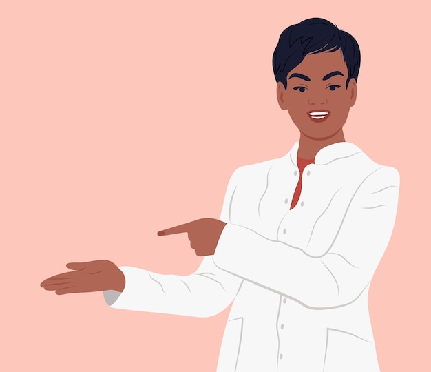 Black female doctor in medical uniform pointing and showing smth with hand Vector flat illustration