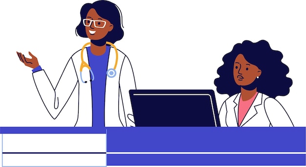 Vector black female doctor and receptionist in hospital reception