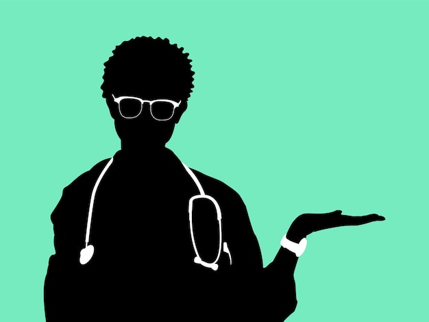 Вектор Силуэт черной женщины-врача со стетоскопом и очками