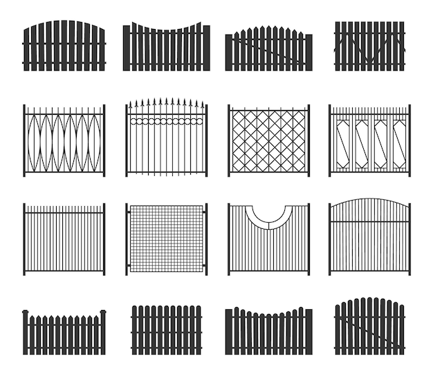 Black fence collection Farm palisade country garden wall security private fence yard protection Vector isolated set Boundary ironwork construction black outdoor wrought gate