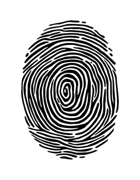 black fingerprint pattern with intricate swirl lines drawn in minimal graphic style on white