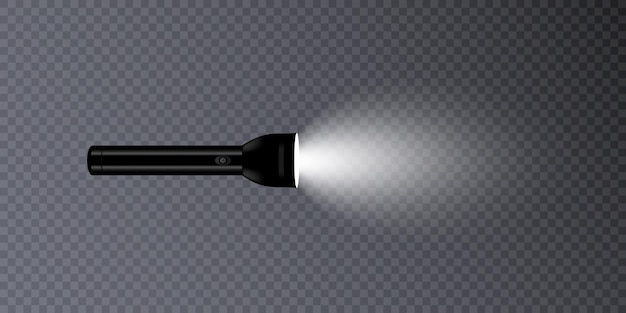 Vector black flashlight with light on a transparent background.