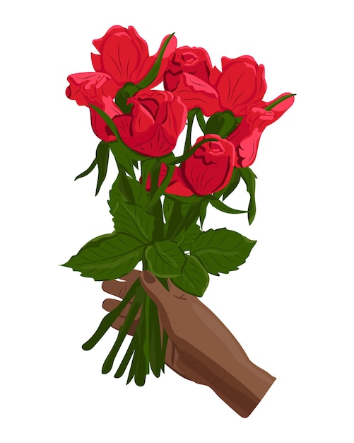 Vettore mano piatta nera con bouquet di rose rosse