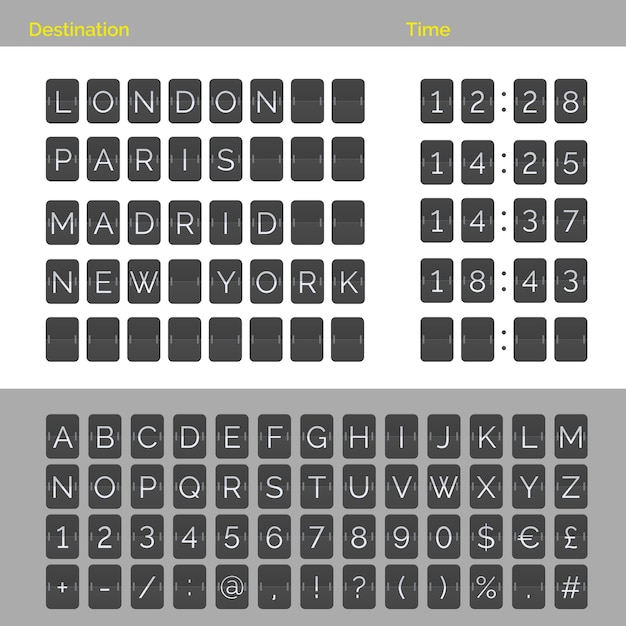 黒のフリップスコアボードのアルファベット、数字、記号。