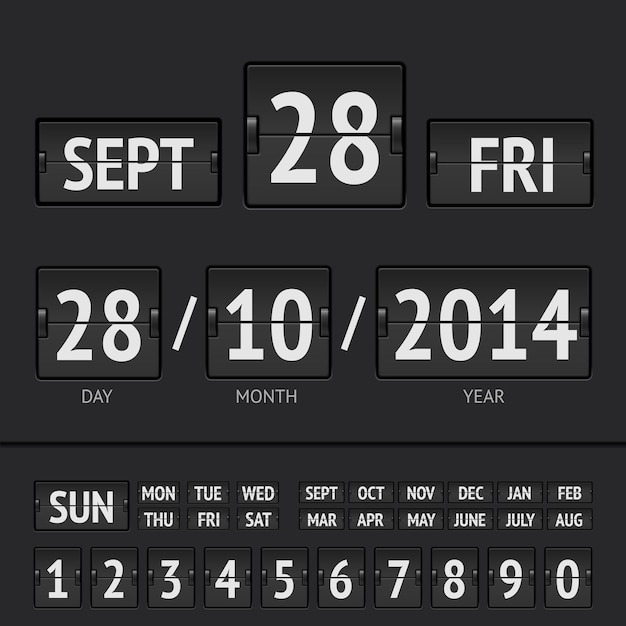 Calendario digitale del tabellone segnapunti nero con data e ora della settimana
