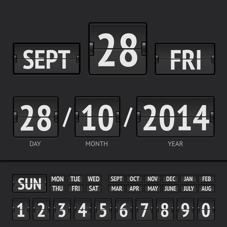 Vector black flip scoreboard digital calendar with date and time of the week