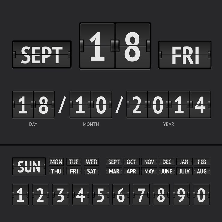 Vector black flip scoreboard digital calendar with date and time of the week