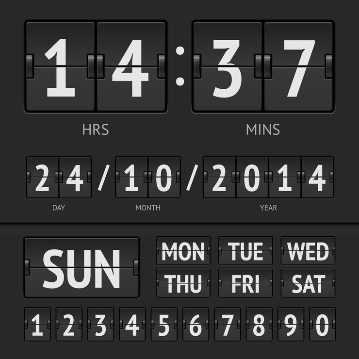 Vector black flip scoreboard digital timer with date and time of the week