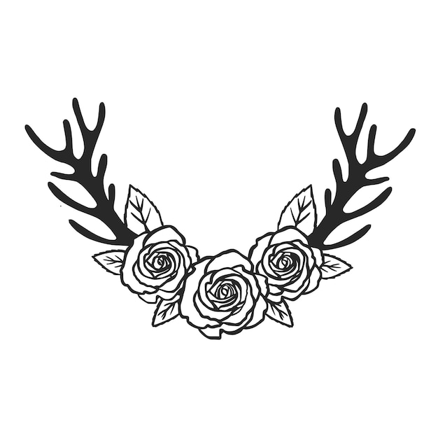 Black floral antler. Hand drawn vintage deer horns with flowers, leaves and herbs. Eco style hipster illustration in vector