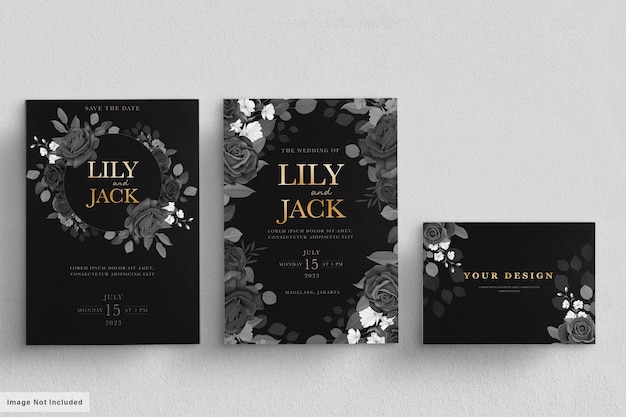 Vector black floral wedding card set