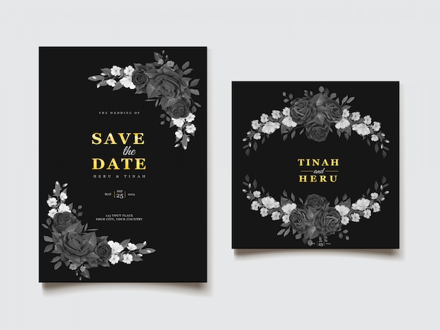 Black floral wedding invitation card template