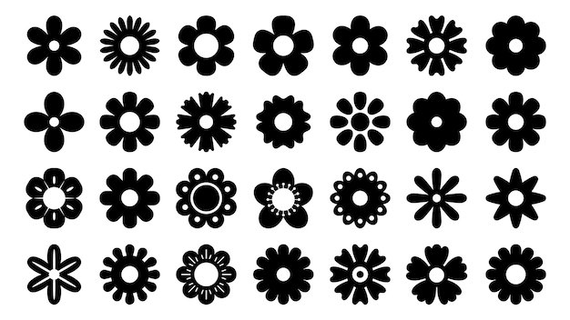 Icone di fiori neri simboli geometrici di silhouette di camomilla e margherita elementi decorativi floreali stilizzati e loghi di fiori scuri set grafico semplice vettoriale