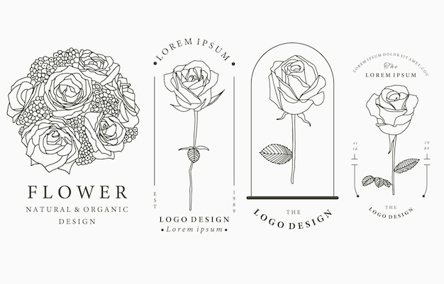 Vector black flower logo collection with leaves,geometric.