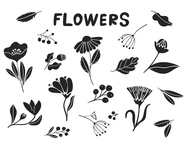 Black flowers isolated on white in linocut style Every element can be used separately Vector