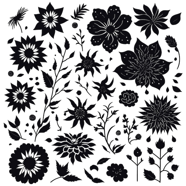 Black flowers and shapes icons Daisy floral organic form cloud star and other elements in trendy pl