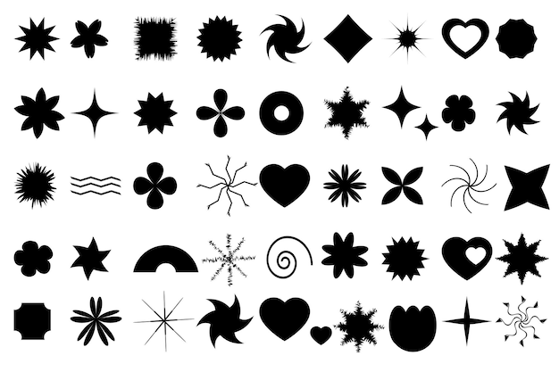 Black flowers and shapes icons Daisy floral organic form cloud star and other elements