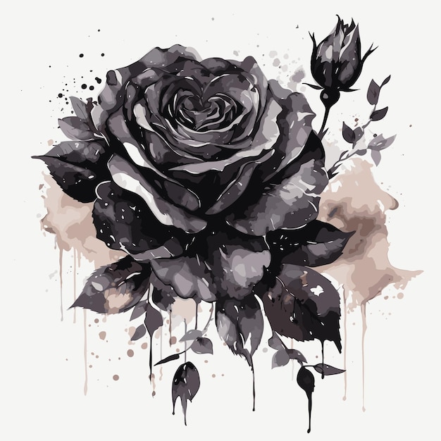 black flowers on white Watercolor style