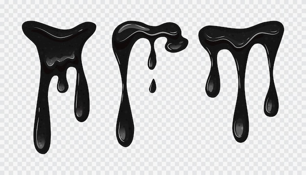 Black flowing slime set on a transparent isolated background viscous liquid oil