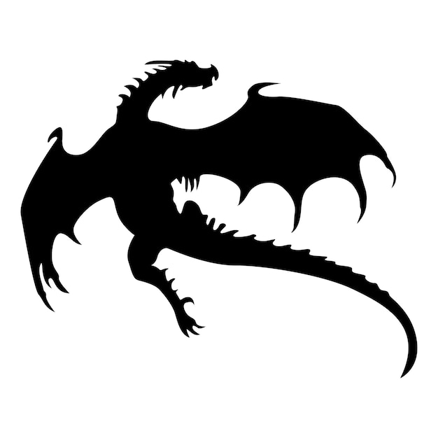 Black flying dragon silhouette isolated on white background Hand drawn vector silhouette of dragon