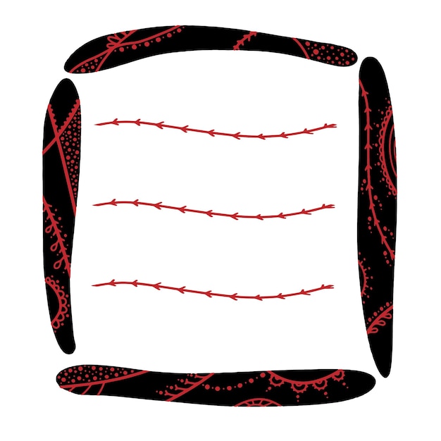 A black frame made of pebbles painted with red lines, spots of various shapes. Rows in the form of t